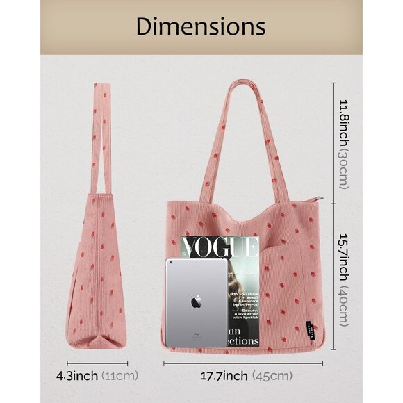 Women Strawberry Corduroy Polyester Lining Shoulder Bag with Zipper And Pockets - Picture 3 of 7
